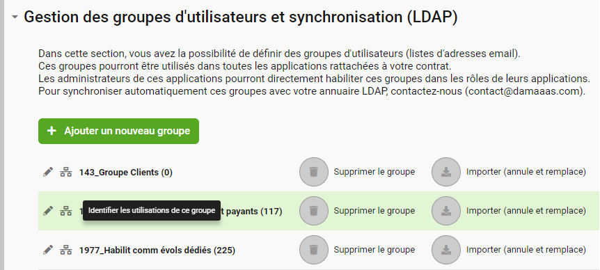 écran d'identification des utilisation d'n groupe dans les applications DAMAaaS