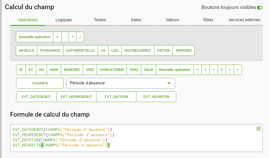 Ecran de calcul sur champ évènement en conception d'une application DAMAaaS