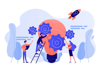 Tiny business people generating ideas and holding gears at big light bulb. Idea management, alternative thinking, best solution choice concept. Pink coral blue vector isolated illustration